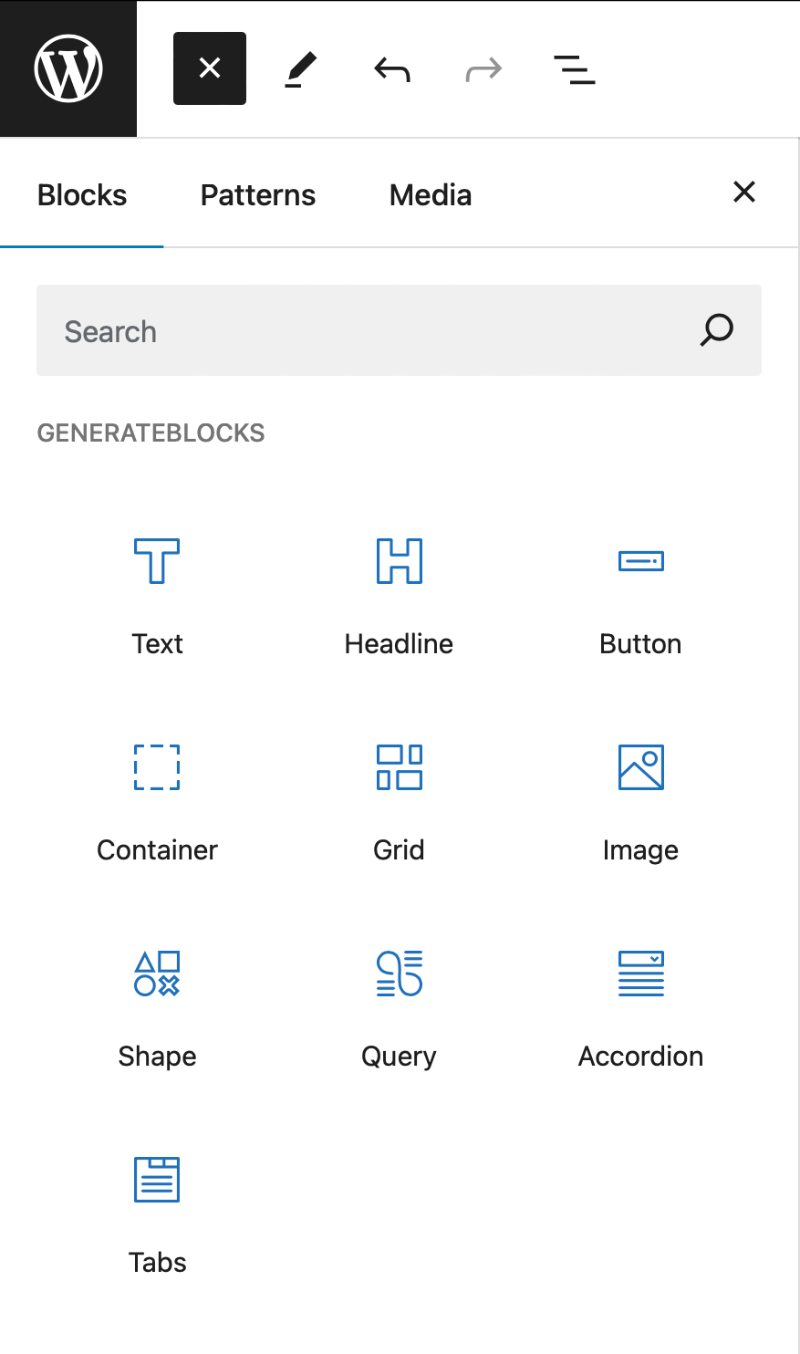 editor-left-panel-block-insert-gb Editor Left Sidebar Panel displaying Block Inserter