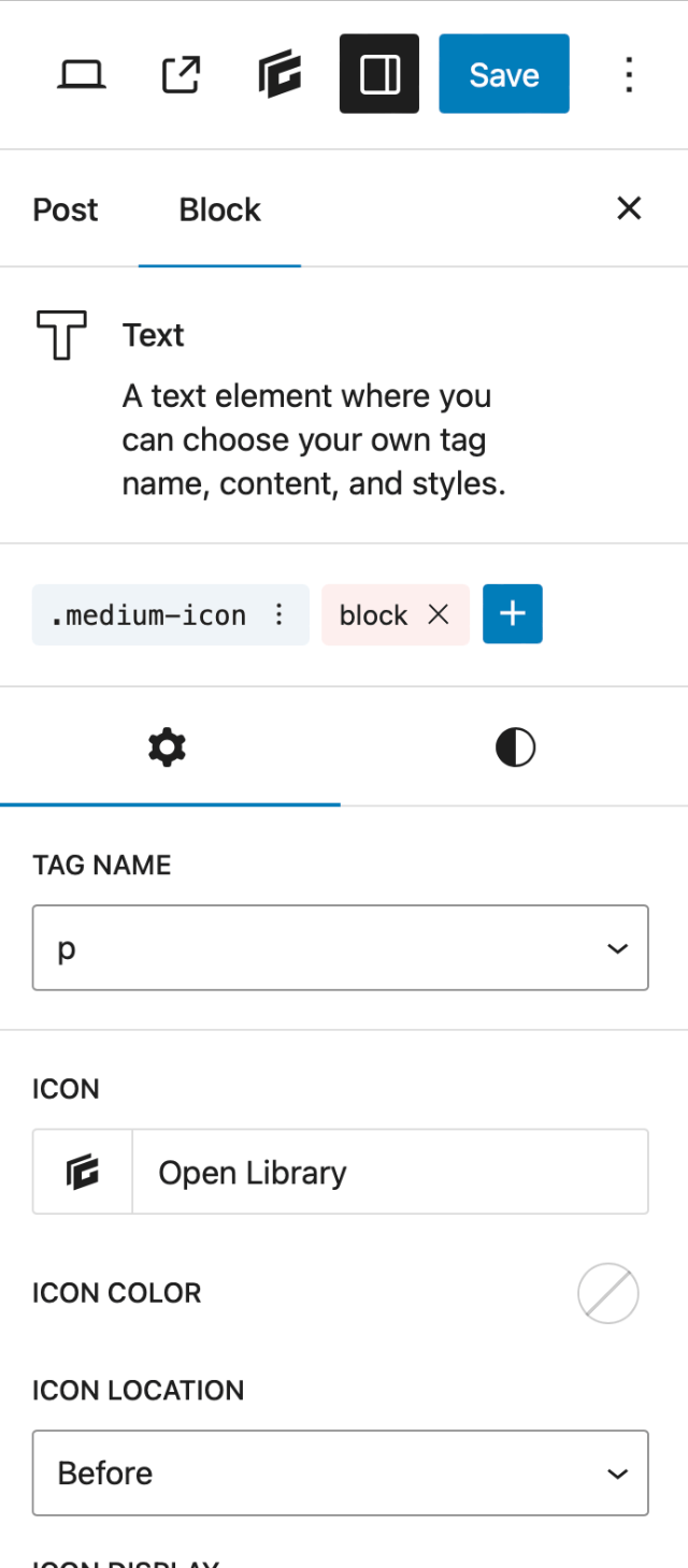 editor-right-panel-block-panel Editor Right Sidebar Panel displaying Block Settings