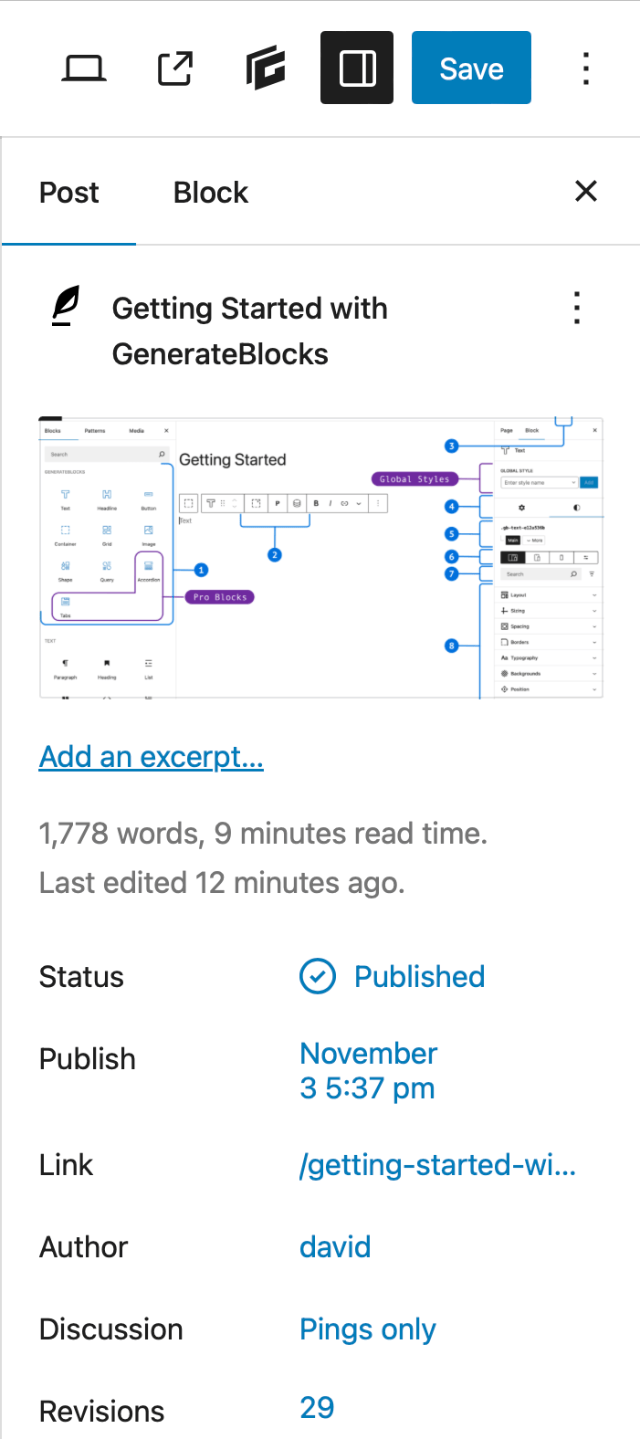 editor-right-panel-post-panel Editor Right Sidebar Panel displaying Post Settings