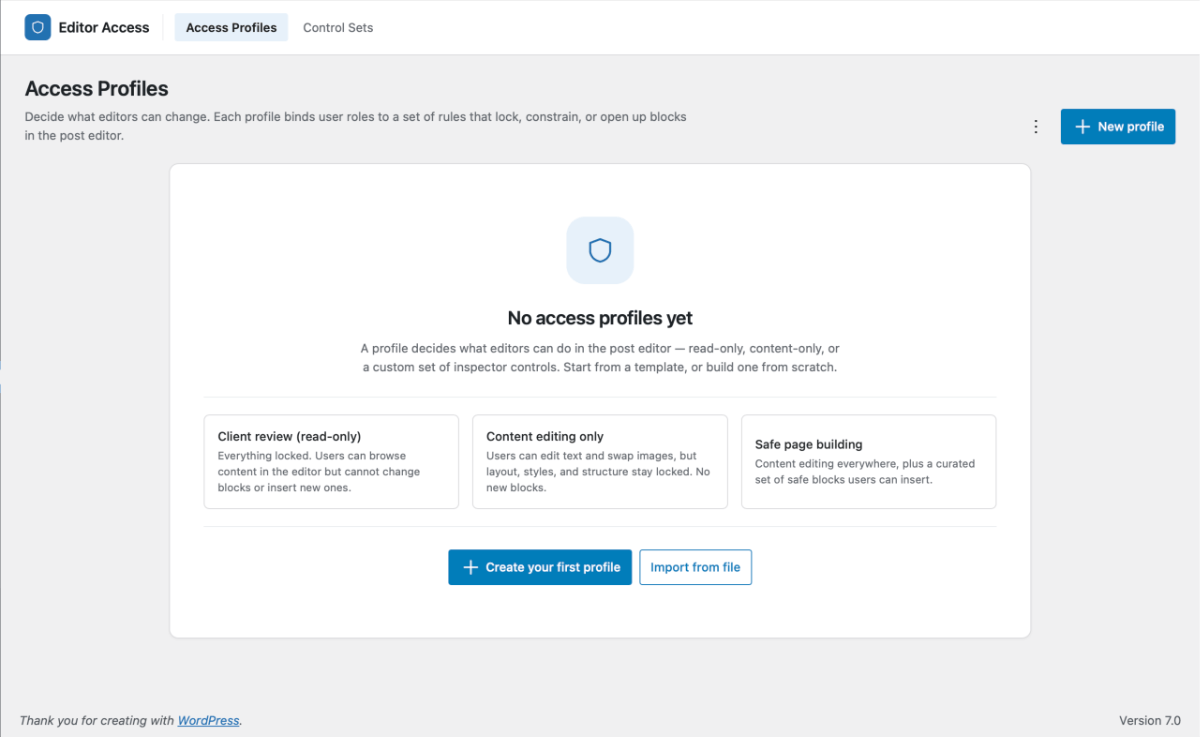 Quick Start screen for Editor Access Profiles