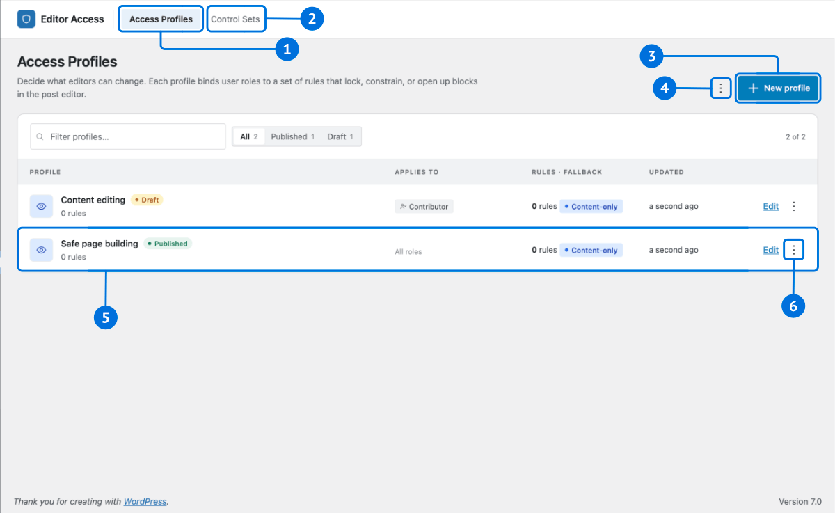 Editor Access, the access profiles admin screen overview