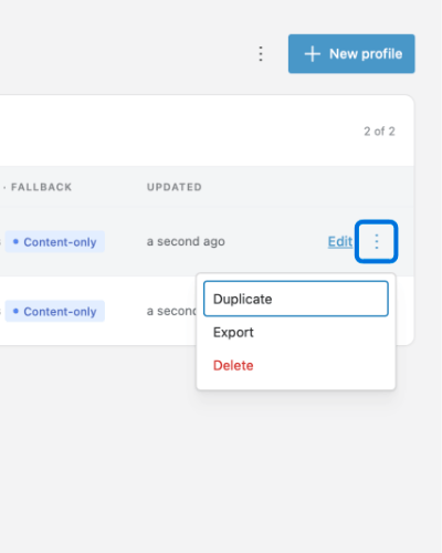 Editor access, the access profile actions menu