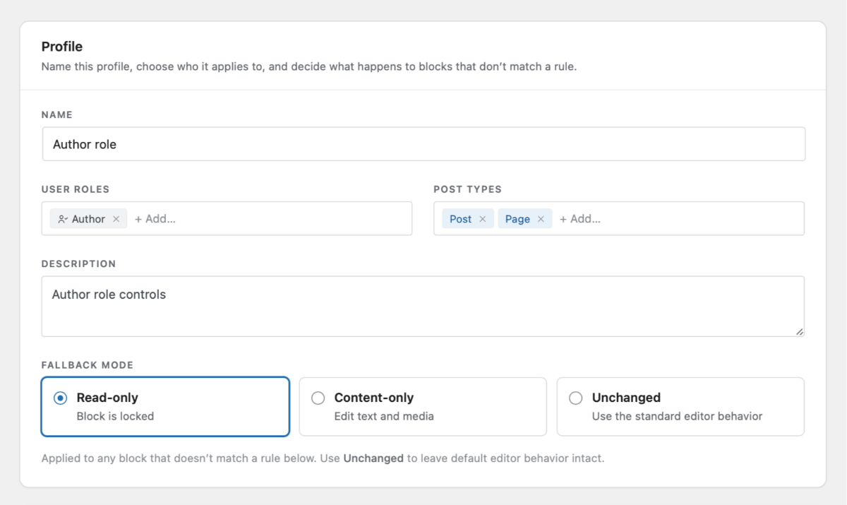 Editor access - the profile panel