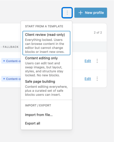 Editor Access the access profiles tools menu