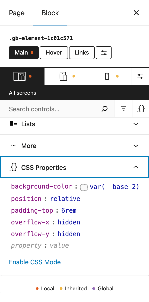 Styles panel showing the CSS Properties