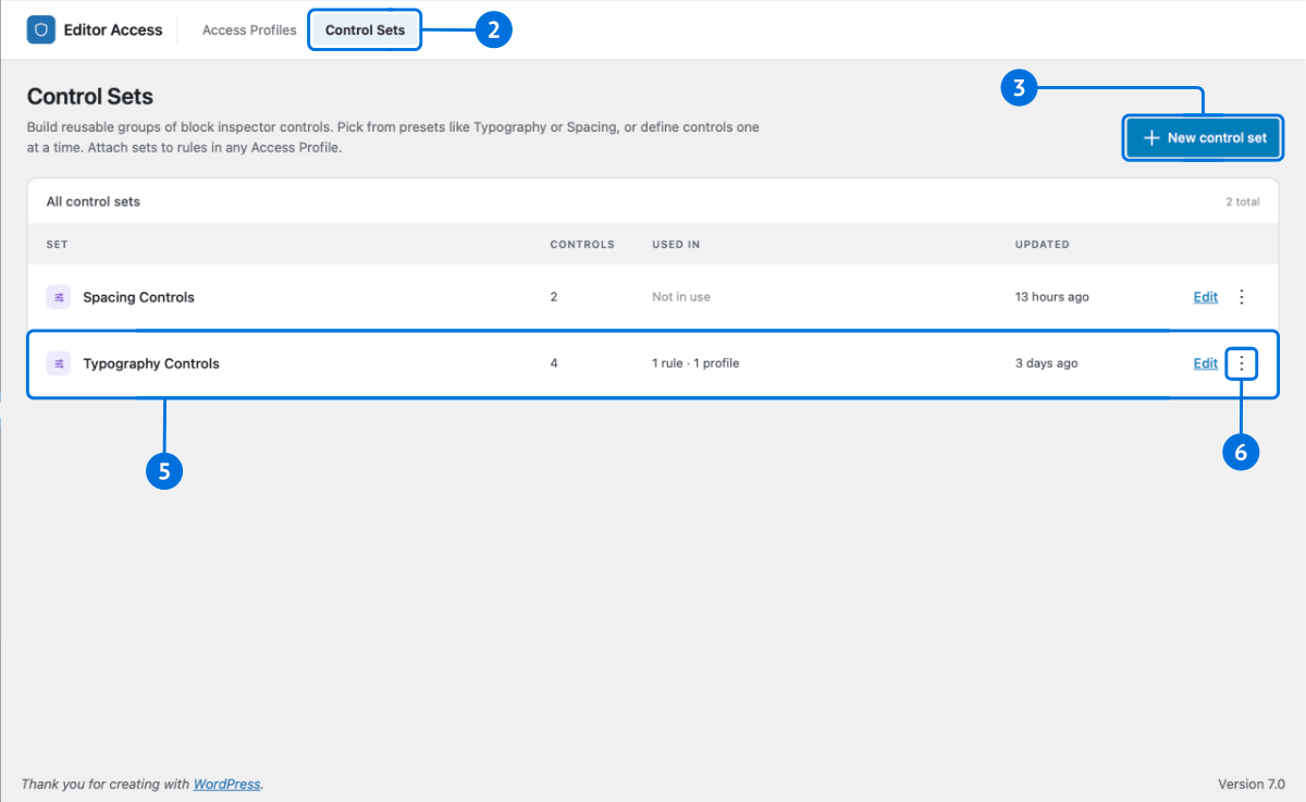 Editor Access control sets admin screen
