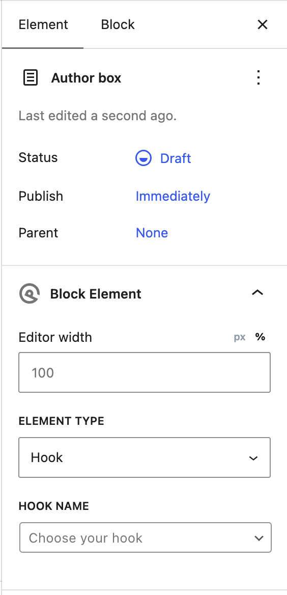 Add New element chooser with Block selected, and the Block Element settings panel (Element type, Editor Width, Display Rules)