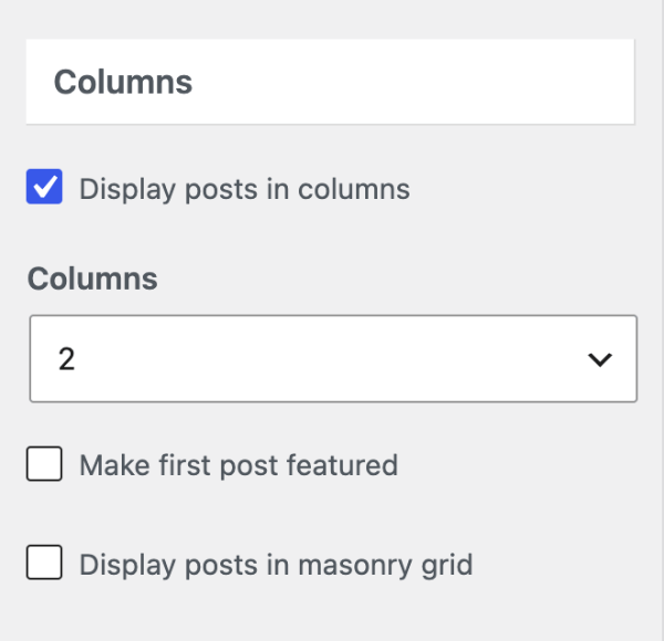 Blog column settings with columns turned on