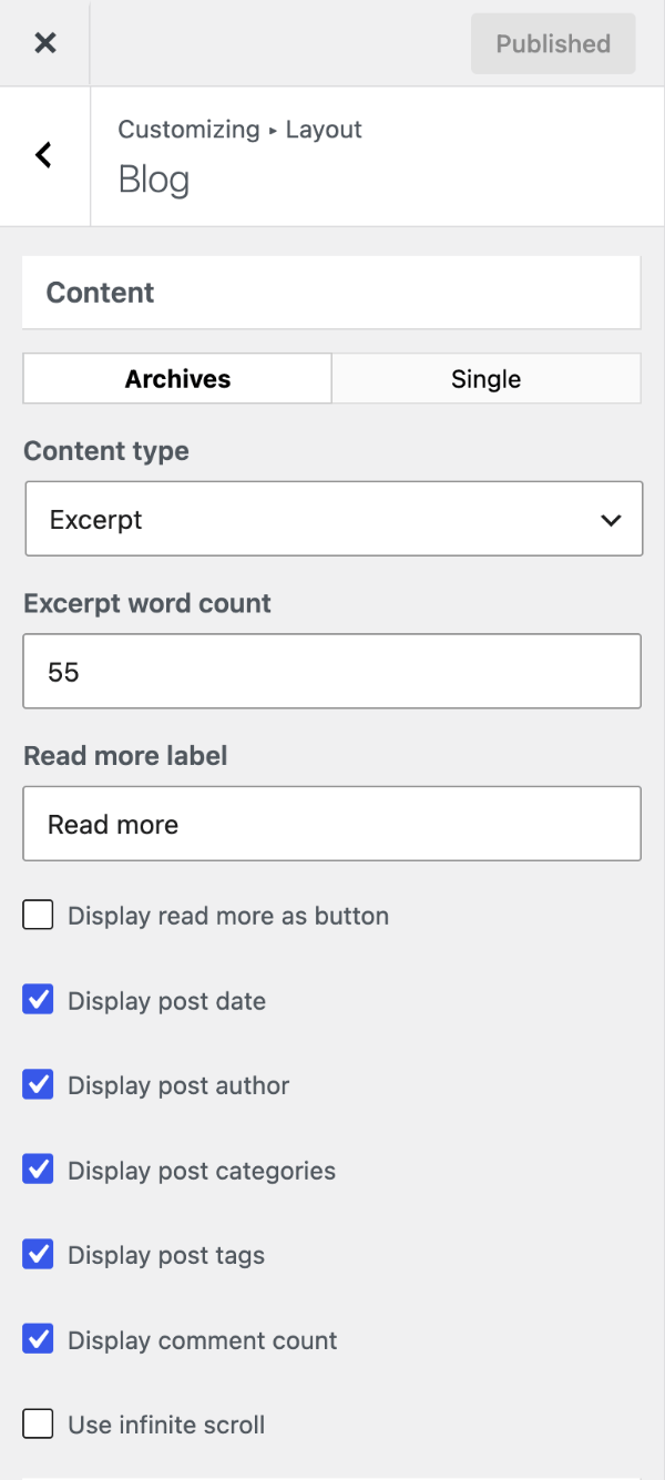 Blog content settings for archives