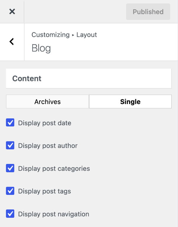 Blog content settings for single posts