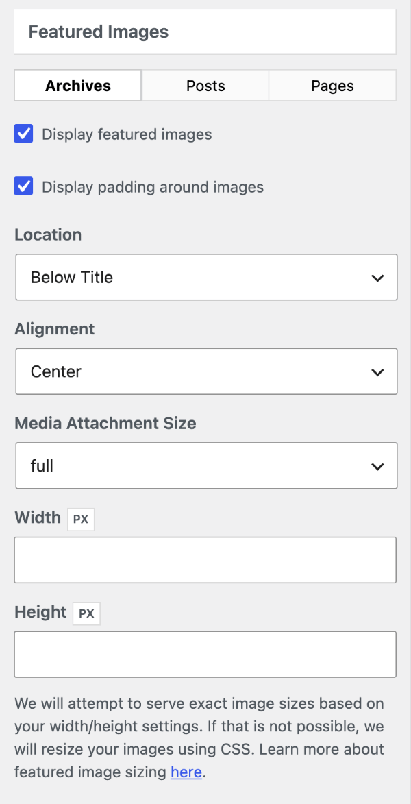 Featured image settings for archives in the Blog section