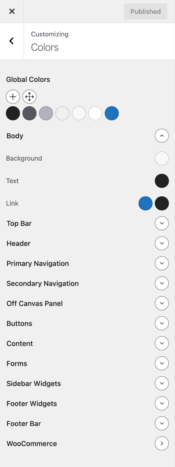 The Colors section with the global palette and element colour groups