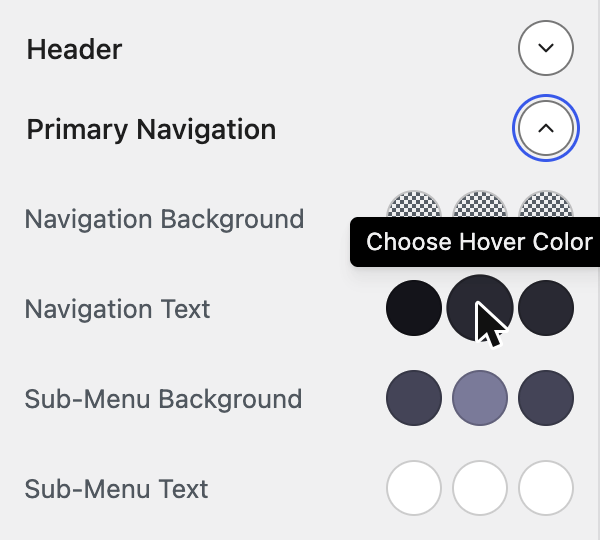 An expanded colour group (e.g. Primary Navigation) showing the swatches and a swatch's tooltip