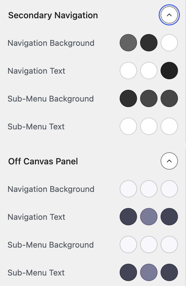 Secondary Navigation and Off Canvas Panel colour groups expanded
