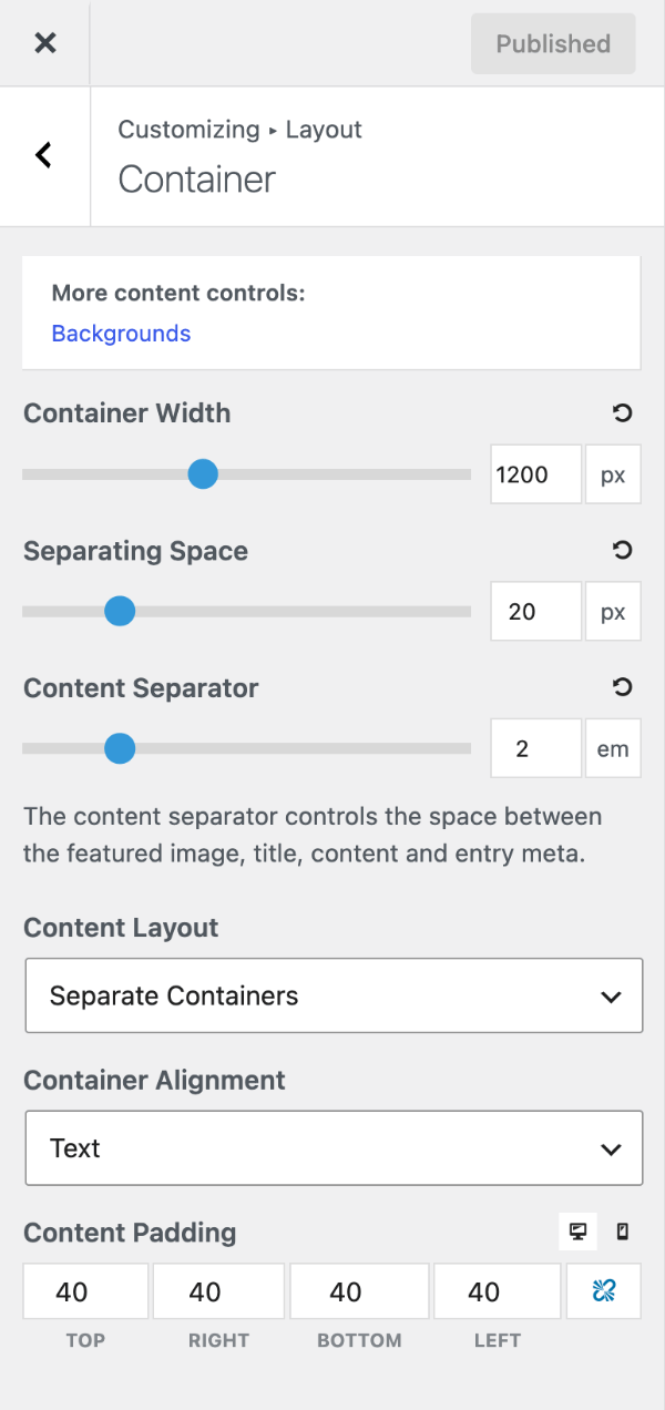 Container settings in the GeneratePress Customizer
