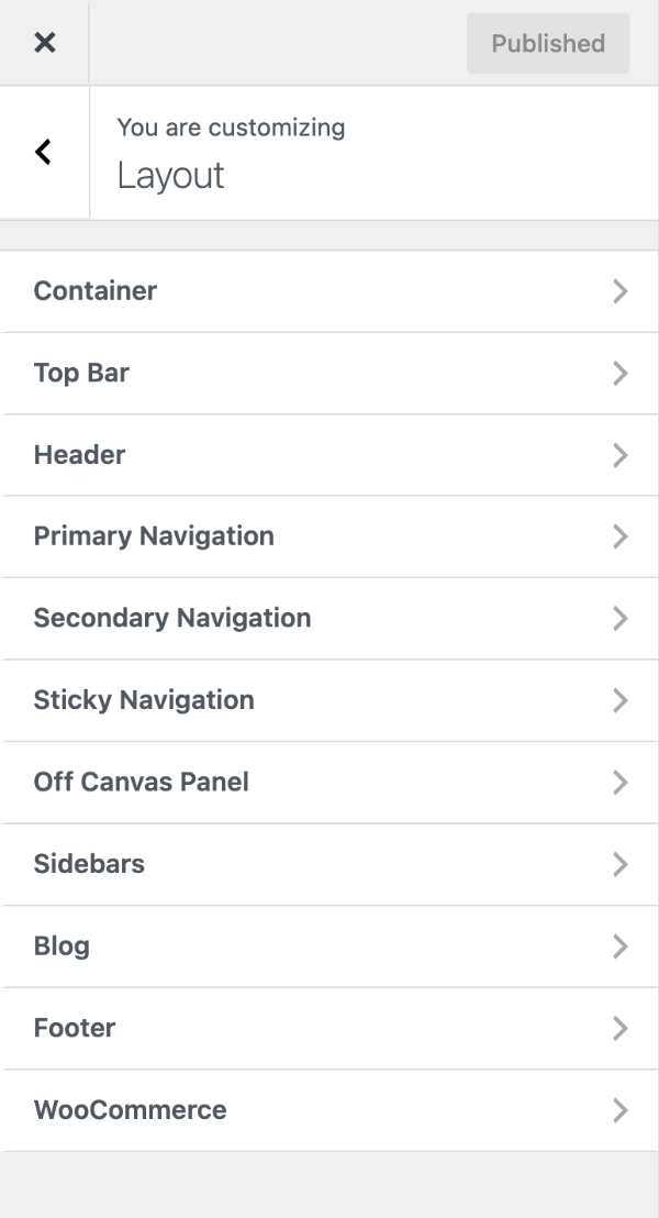 Sections inside the Layout panel of the GeneratePress Customizer