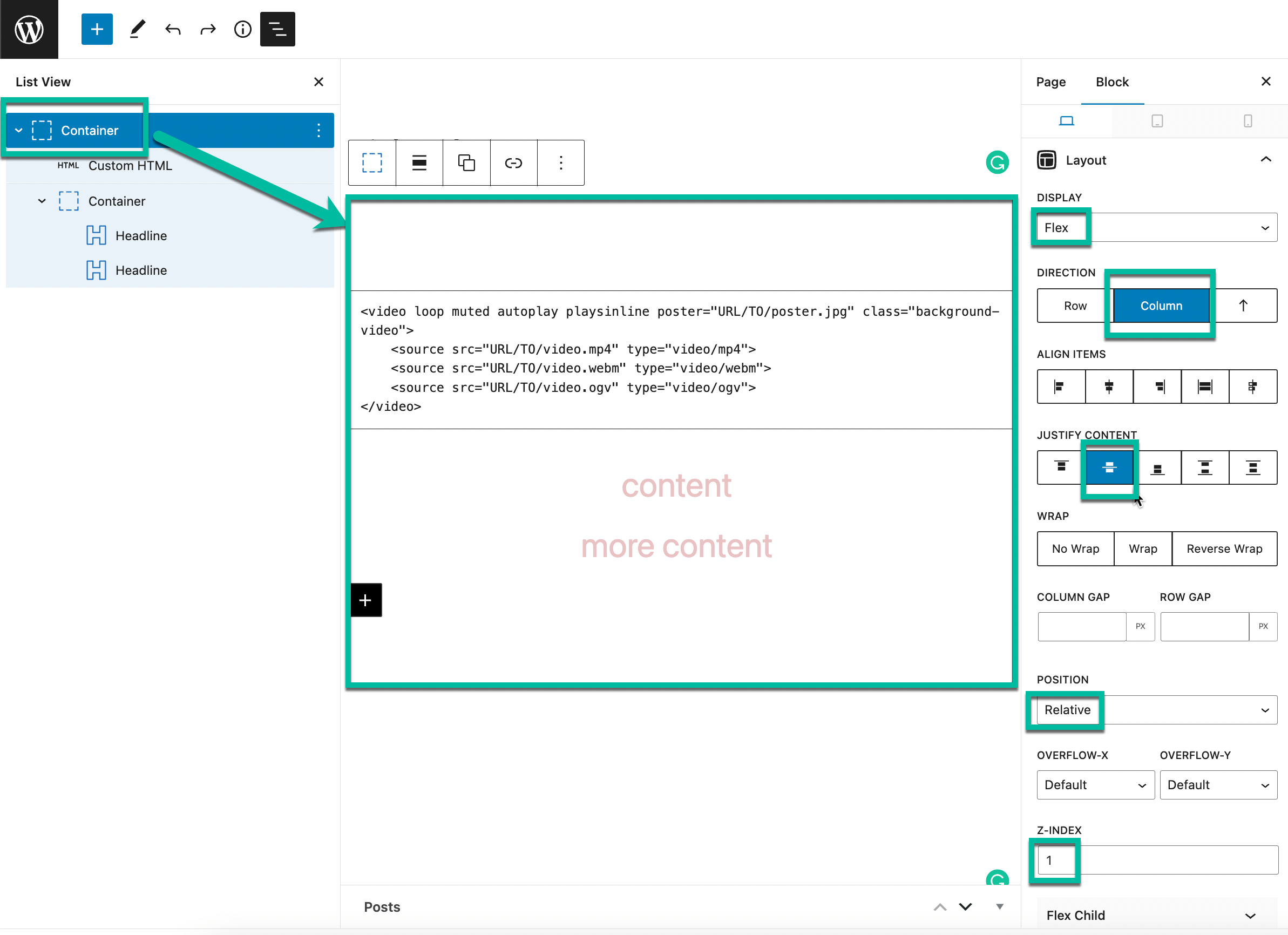 GenerateBlocks 2.x settings for the outer element (position, display, height, z-index) and the inner content element (2)