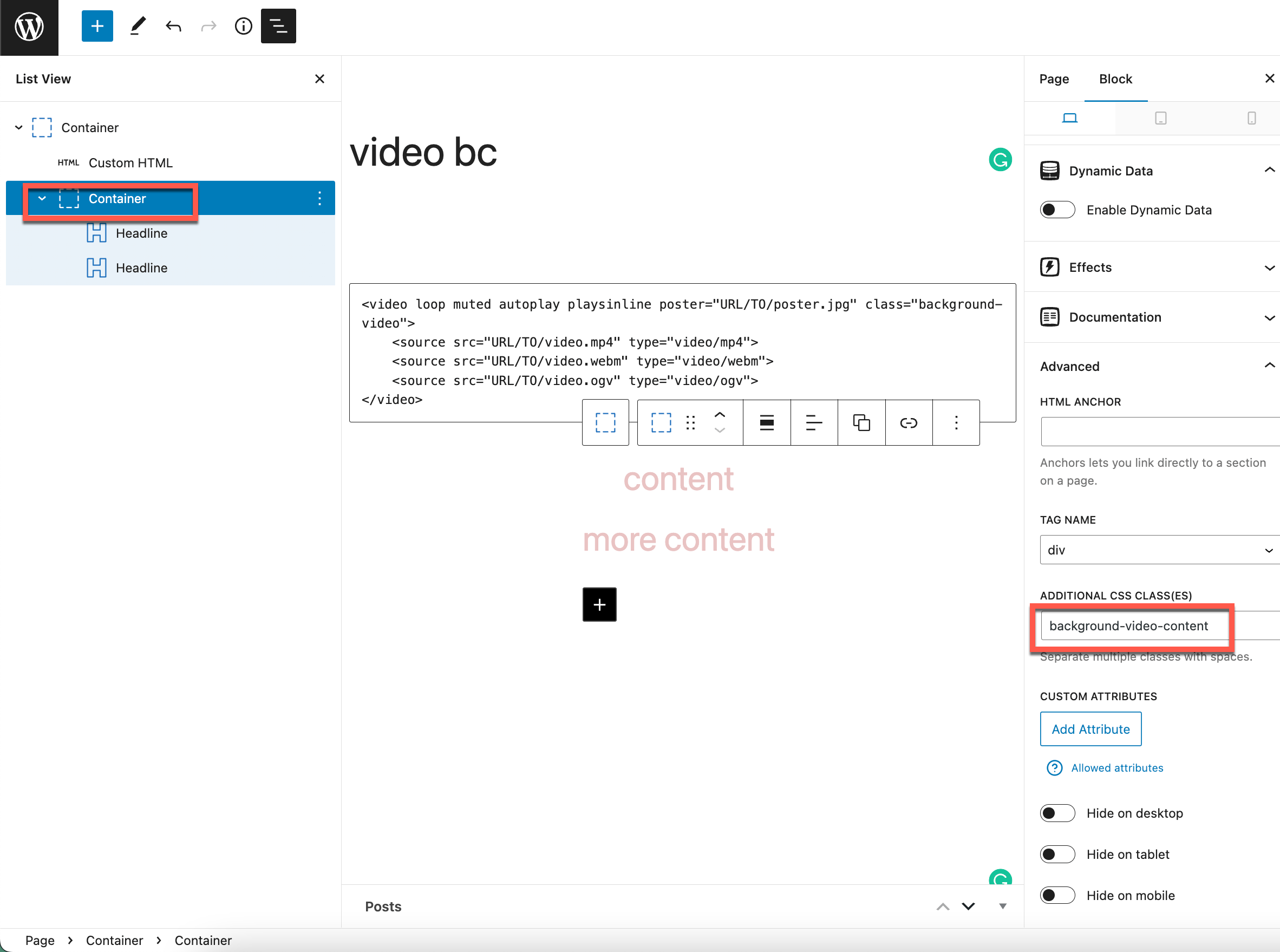 GenerateBlocks 2.x settings for the outer element (position, display, height, z-index) and the inner content element (3)