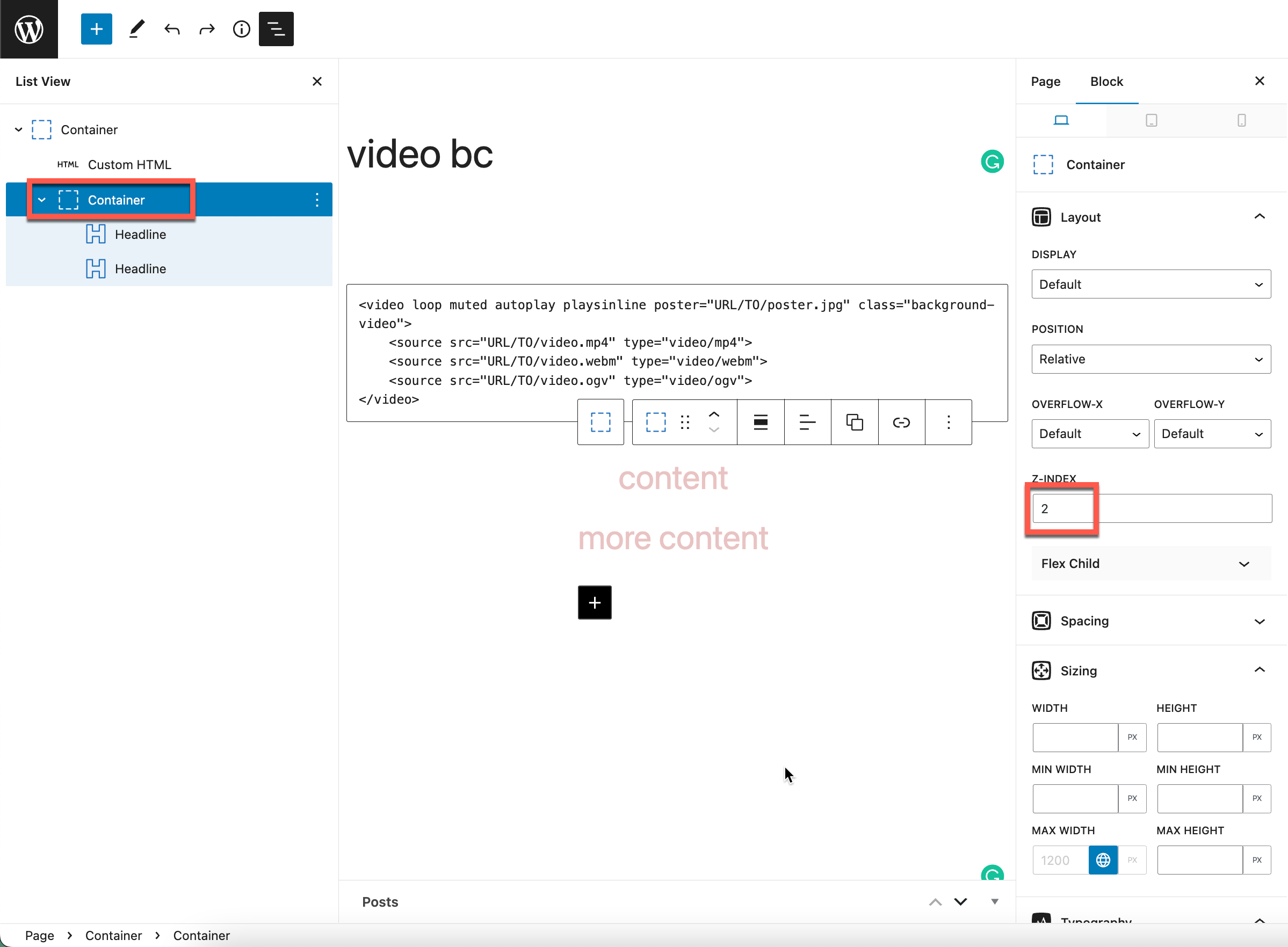 GenerateBlocks 2.x settings for the outer element (position, display, height, z-index) and the inner content element (4)