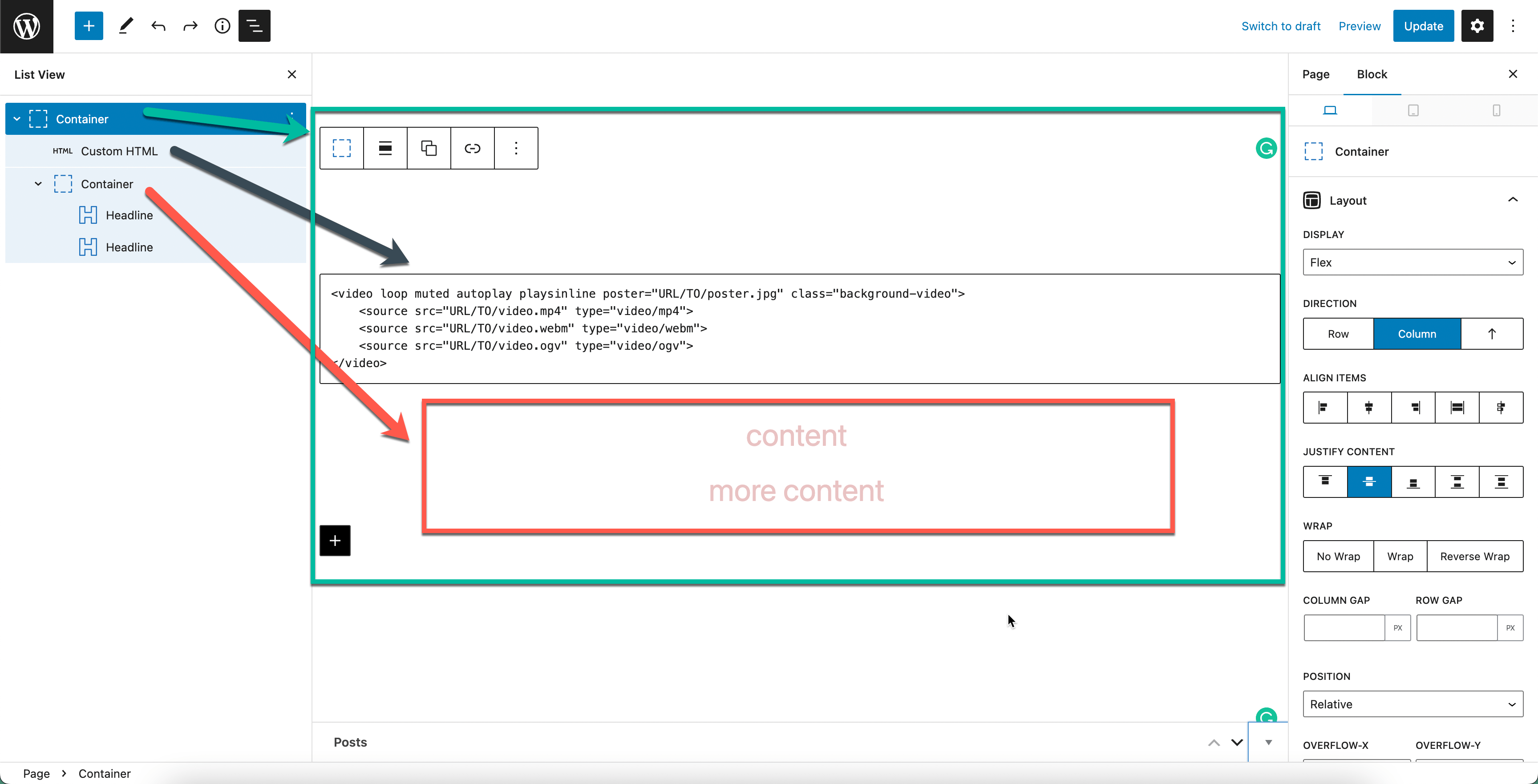GenerateBlocks 2.x settings for the outer element (position, display, height, z-index) and the inner content element