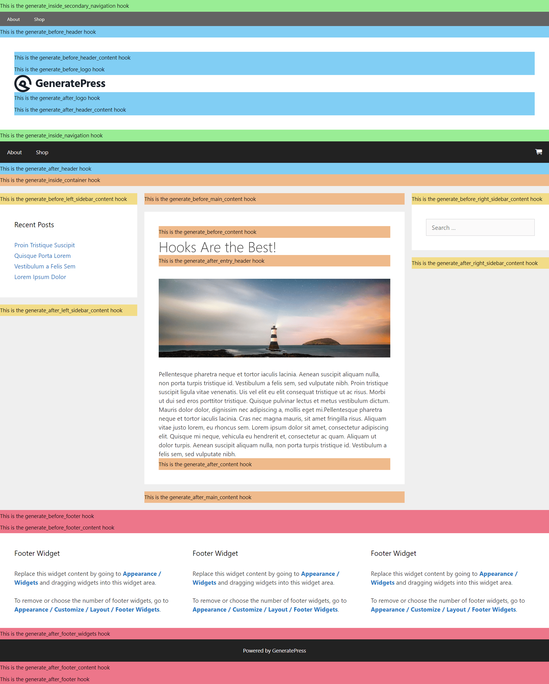 GeneratePress hooks on a static page
