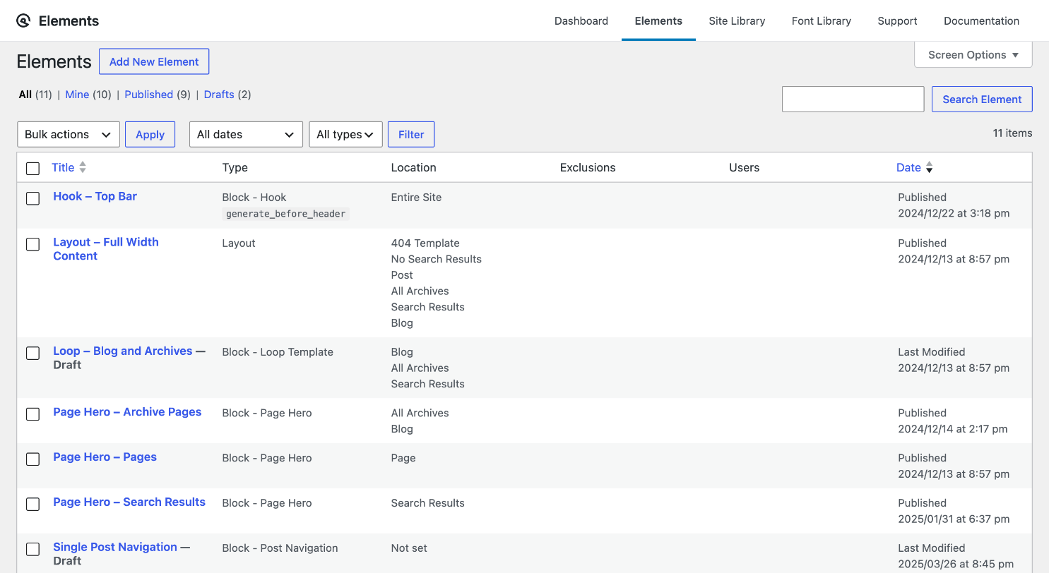 Appearance → Elements list and the Add New element type chooser