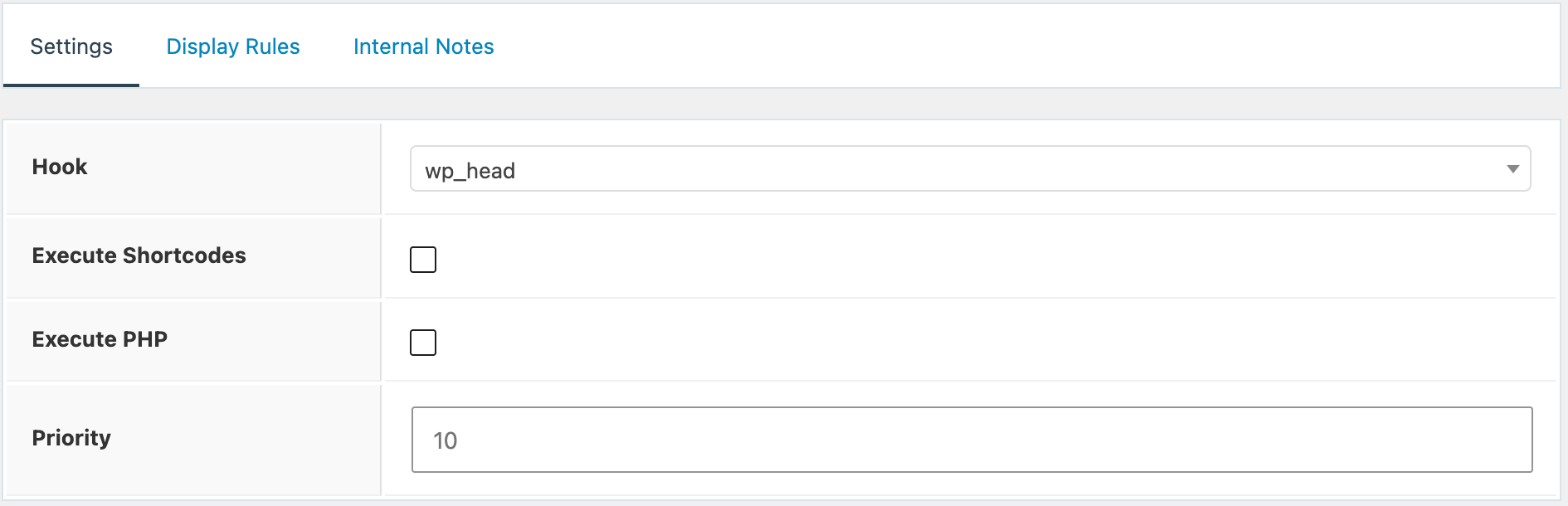 Hook Element settings — Hook, Execute Shortcodes, Execute PHP, Priority