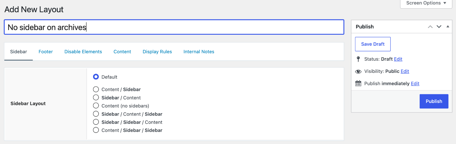 Layout Element tabs — Sidebar, Footer, Disable Elements, Content