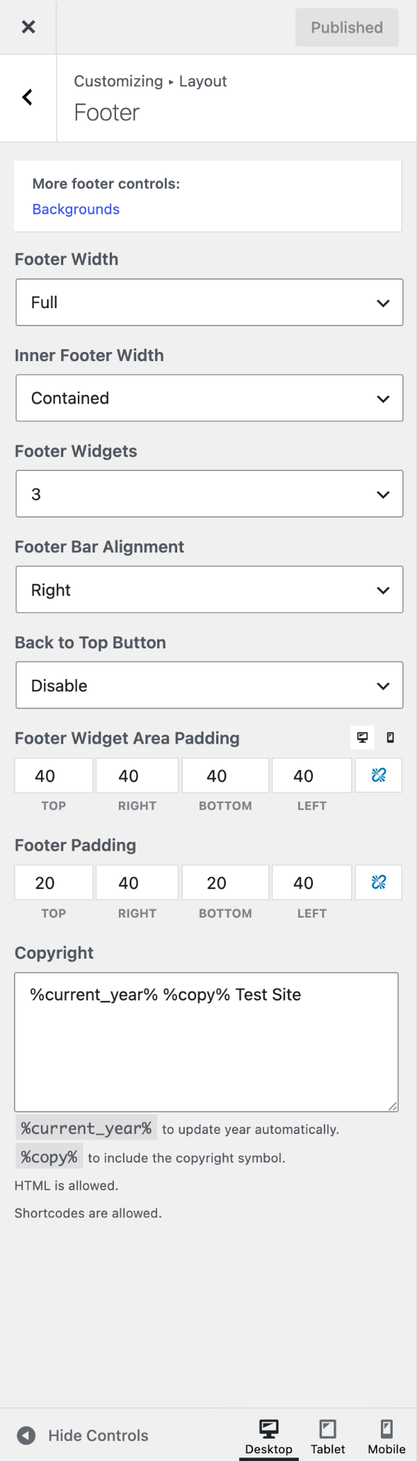 Footer settings in the GeneratePress Customizer
