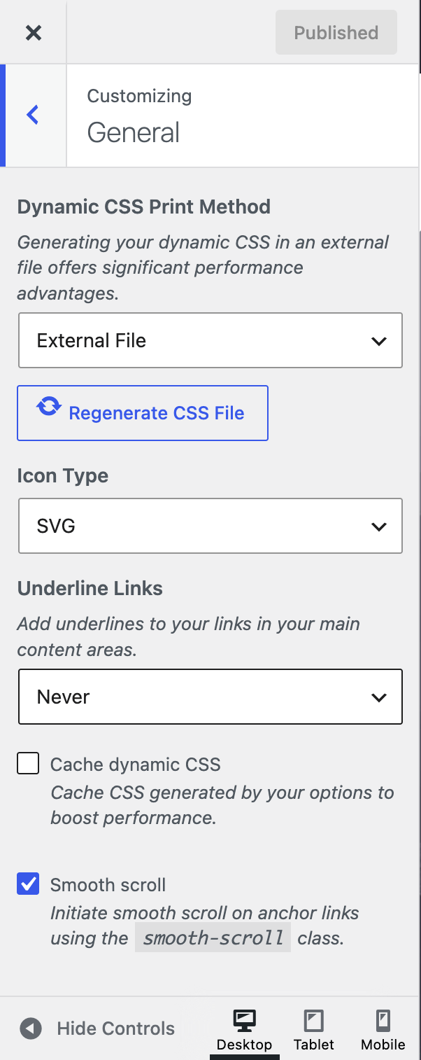 Customize → General section (Icon Type, Underline Links, Cache dynamic CSS, Dynamic CSS Print Method, Smooth scroll)