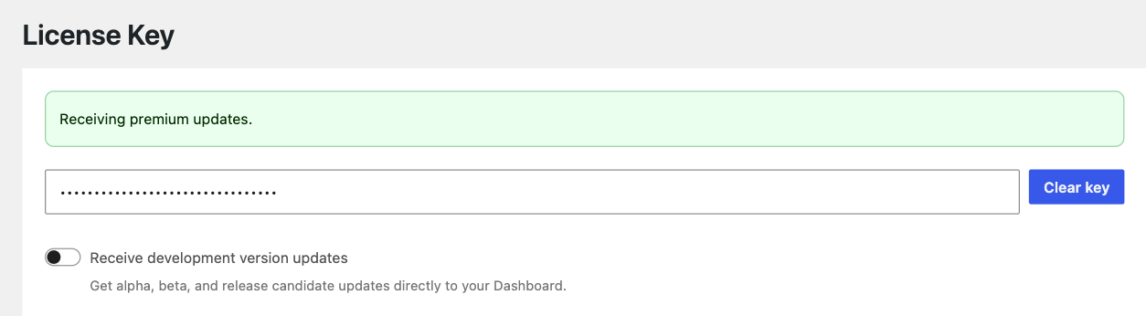 Appearance → GeneratePress licence key field with a saved key
