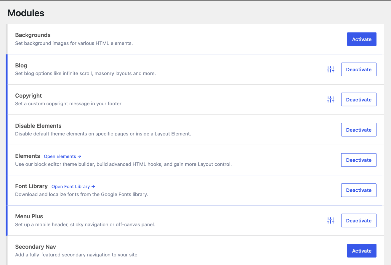 Appearance → GeneratePress dashboard with the GP Premium modules list
