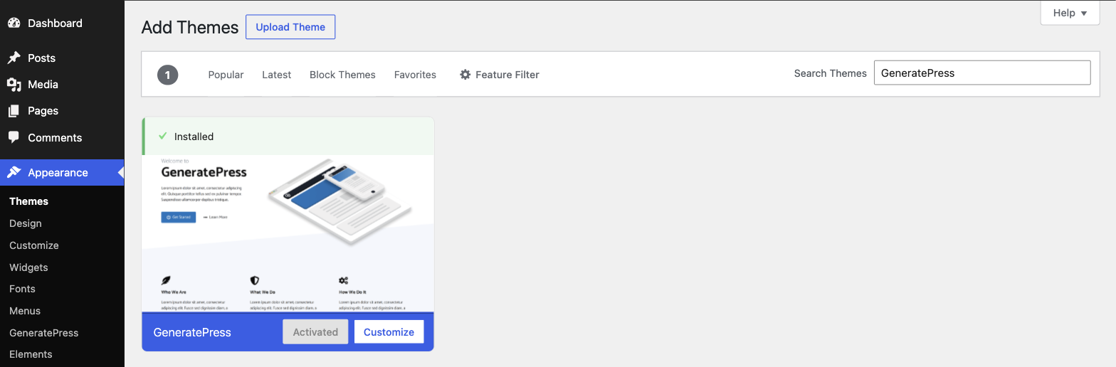 Appearance → Themes → Add New Theme with GeneratePress in the search results