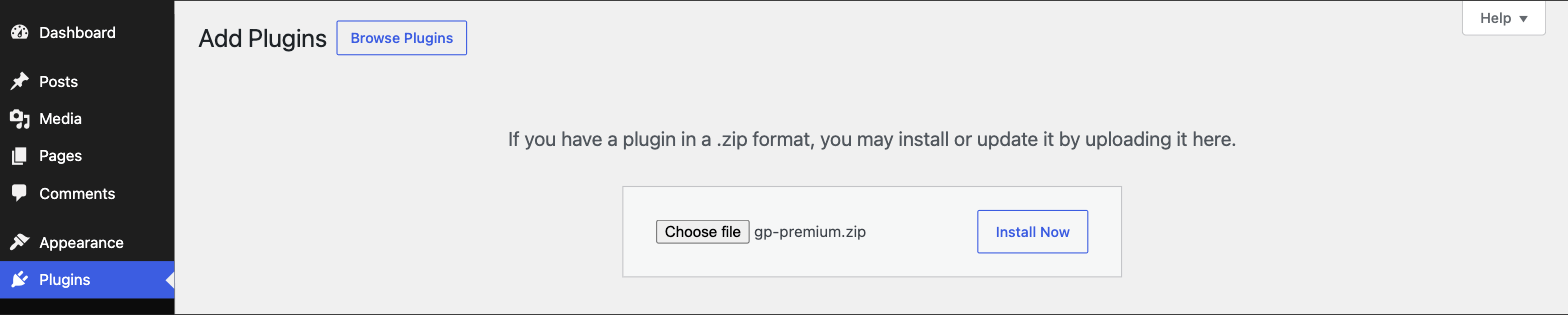 Plugins → Add New Plugin → Upload Plugin with gp-premium.zip selected