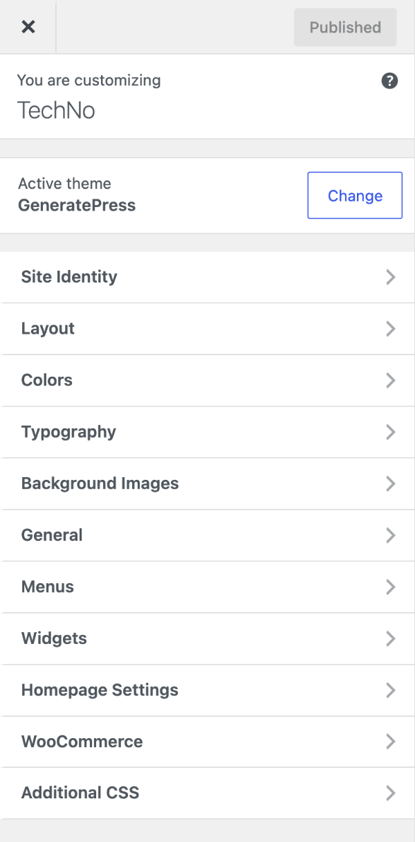 The GeneratePress Customizer top-level panel list