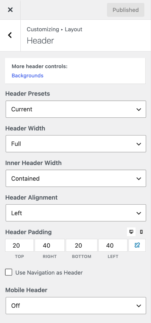 Header settings in the GeneratePress Customizer