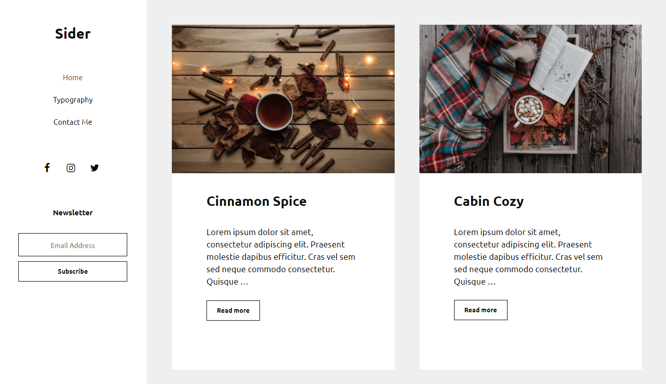 Example 7 — fixed vertical header on the left with logo, menu and widgets