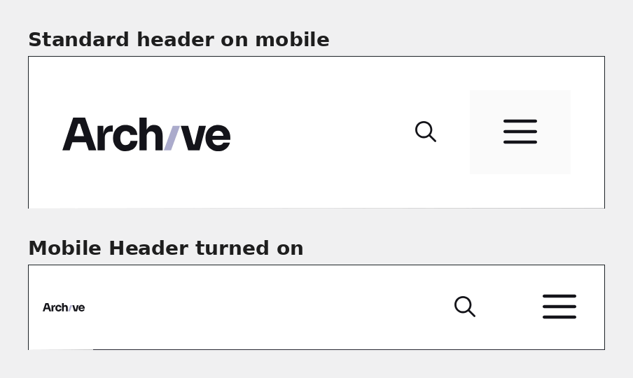 Front end on a phone — standard header vs the Mobile Header