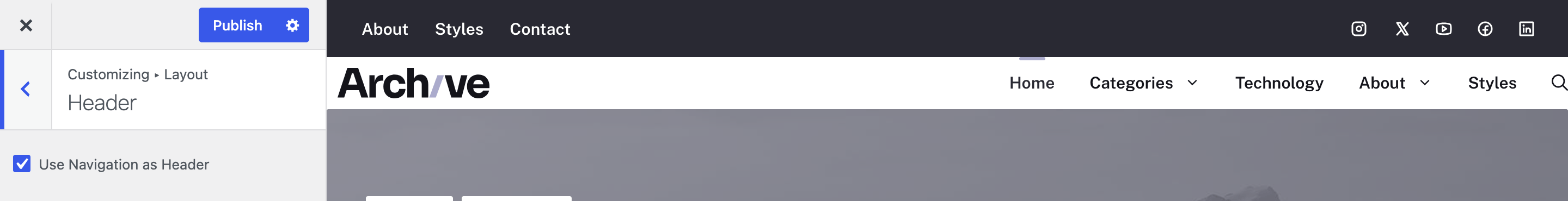 Front end with Use Navigation as Header on (logo left, menu right)