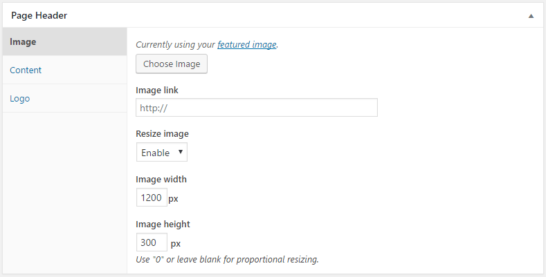 reuse the original Page Header meta box screenshots (as-is migration) for Content, Image, Logo, Advanced and Global Locations (5)