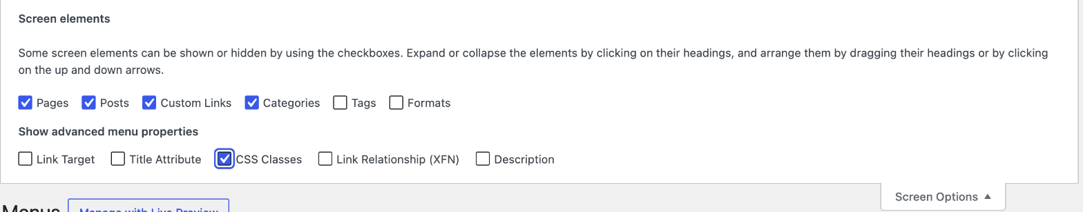 Screen Options with CSS Classes ticked, and a menu item's CSS Classes field