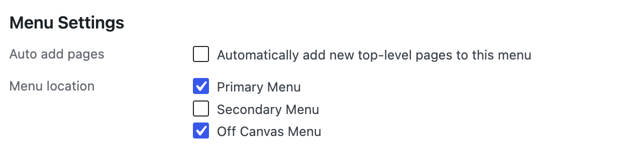 Menu Settings › Display location with Primary, Secondary and Off Canvas Menu
