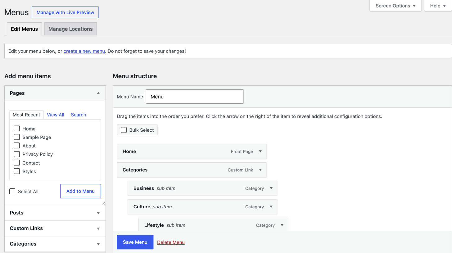Appearance → Menus with a menu open, showing Add menu items on the left and Menu structure on the right