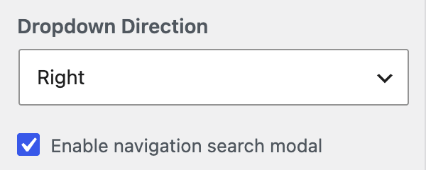 The search modal open on the front end, and the Enable navigation search modal checkbox