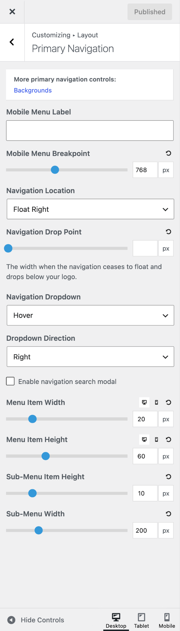 Primary Navigation settings in the GeneratePress Customizer