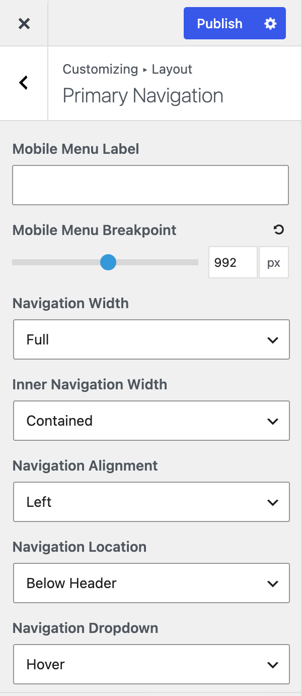 Top of the Primary Navigation section — Navigation Width, Inner Navigation Width, Navigation Alignment