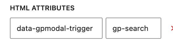 A block's HTML Attributes panel with data-gpmodal-trigger="gp-search"