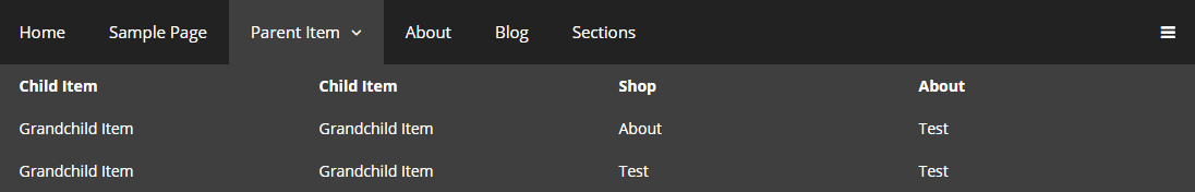 Mega menu open on the front end