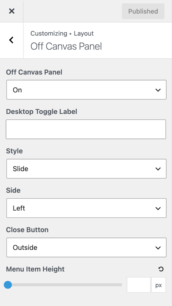 Off Canvas Panel settings with the panel turned on