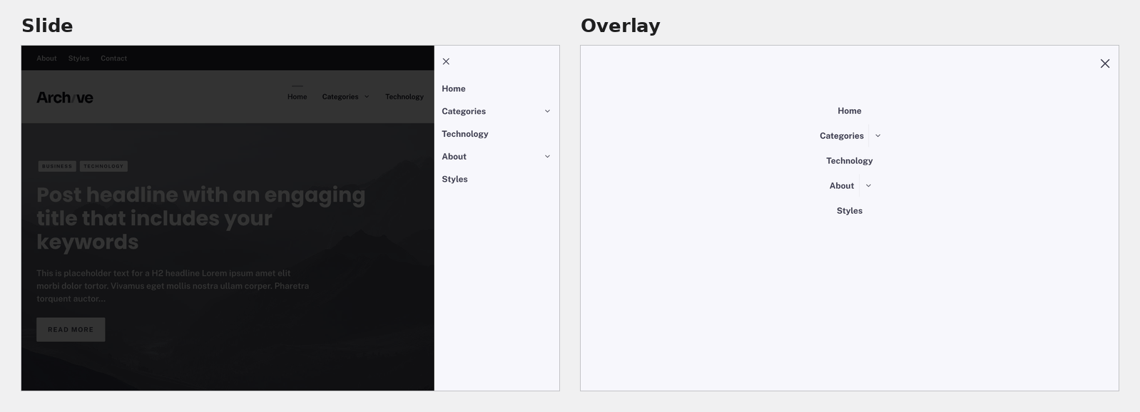 Off-canvas panel open on the front end — Slide style and Overlay style side by side